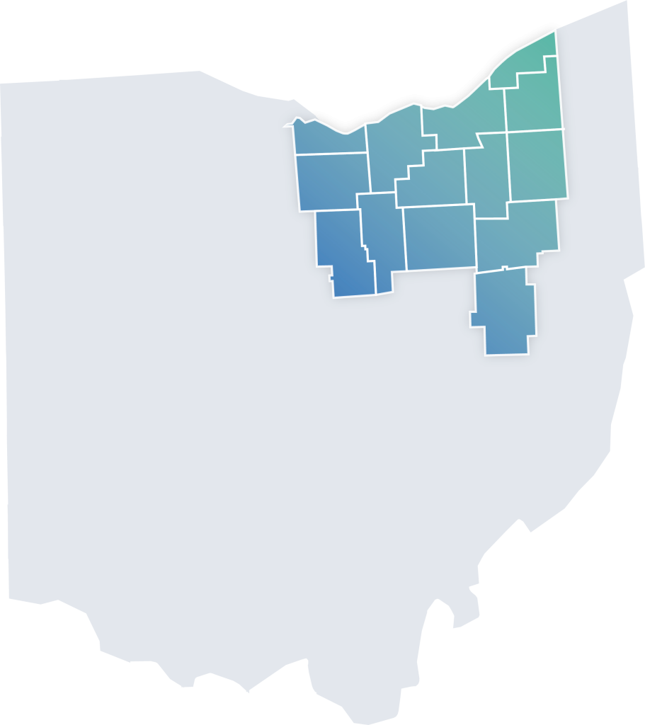 Ohio map highlighting Roof Gutter Now's Northeast Ohio service area