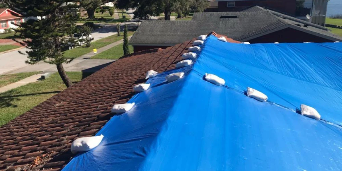 Aerial view of emergency roof tarping