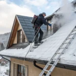 Worker removing snow from steep residential roof with steam cleaner