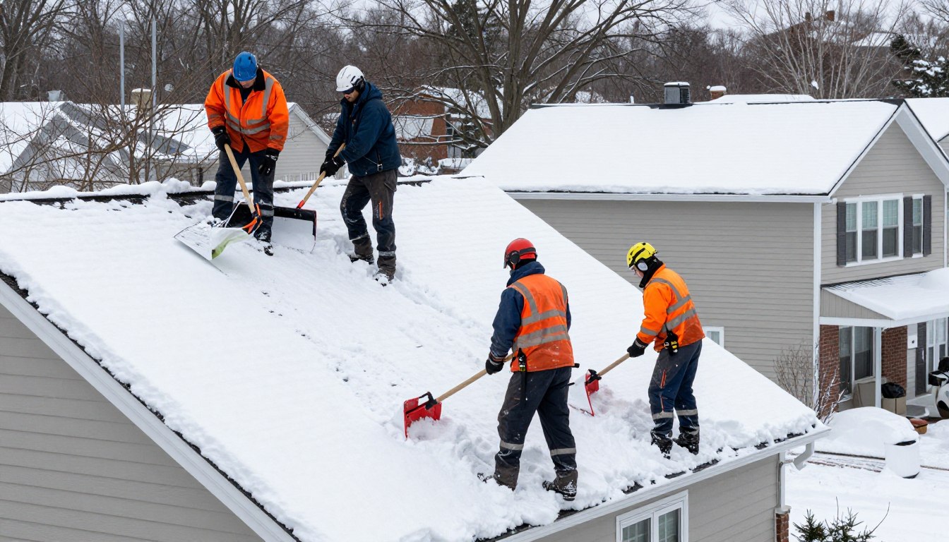 Professional team removes snow and ice buildup from residential roof to prevent water damage in Kent, OH