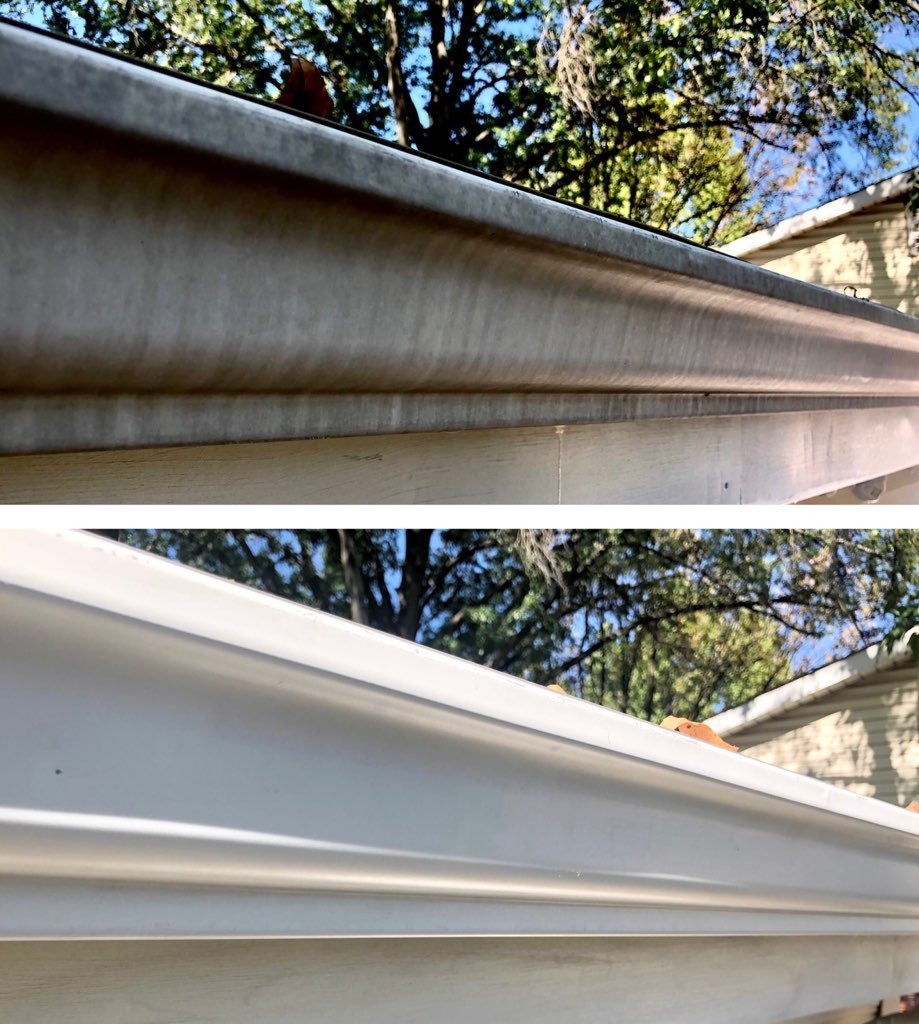 Gutter Brightening | Tiger Stripes Removed | Roof Gutter Now 1 Gutter brightening before and after comparison